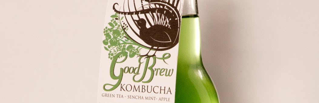 Mint, apple, chlorophyll and green tea kombucha bottle.