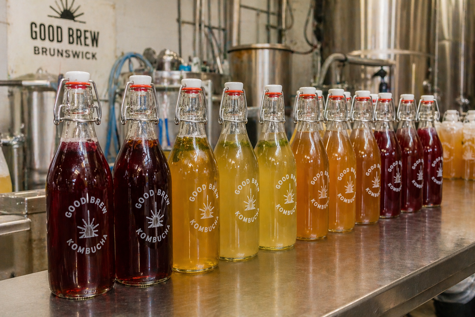 Second fermentation kombucha bottles resting at Good Brew's Brunswick brewery