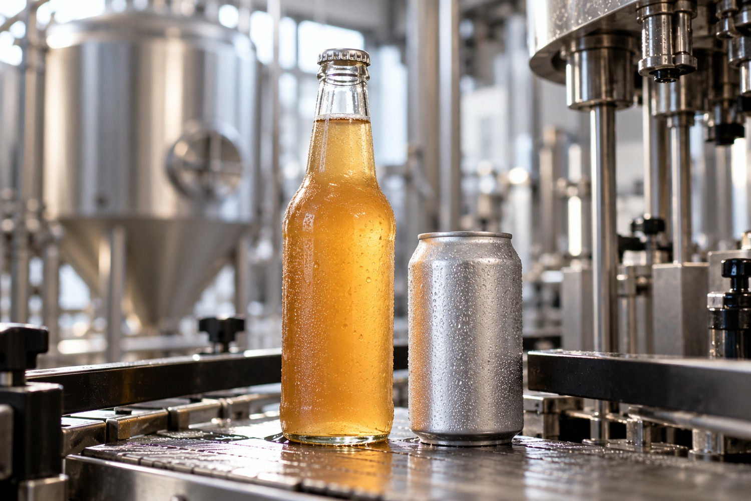 Chilled kombucha in a plain can and glass bottle beside a fermentation vessel.