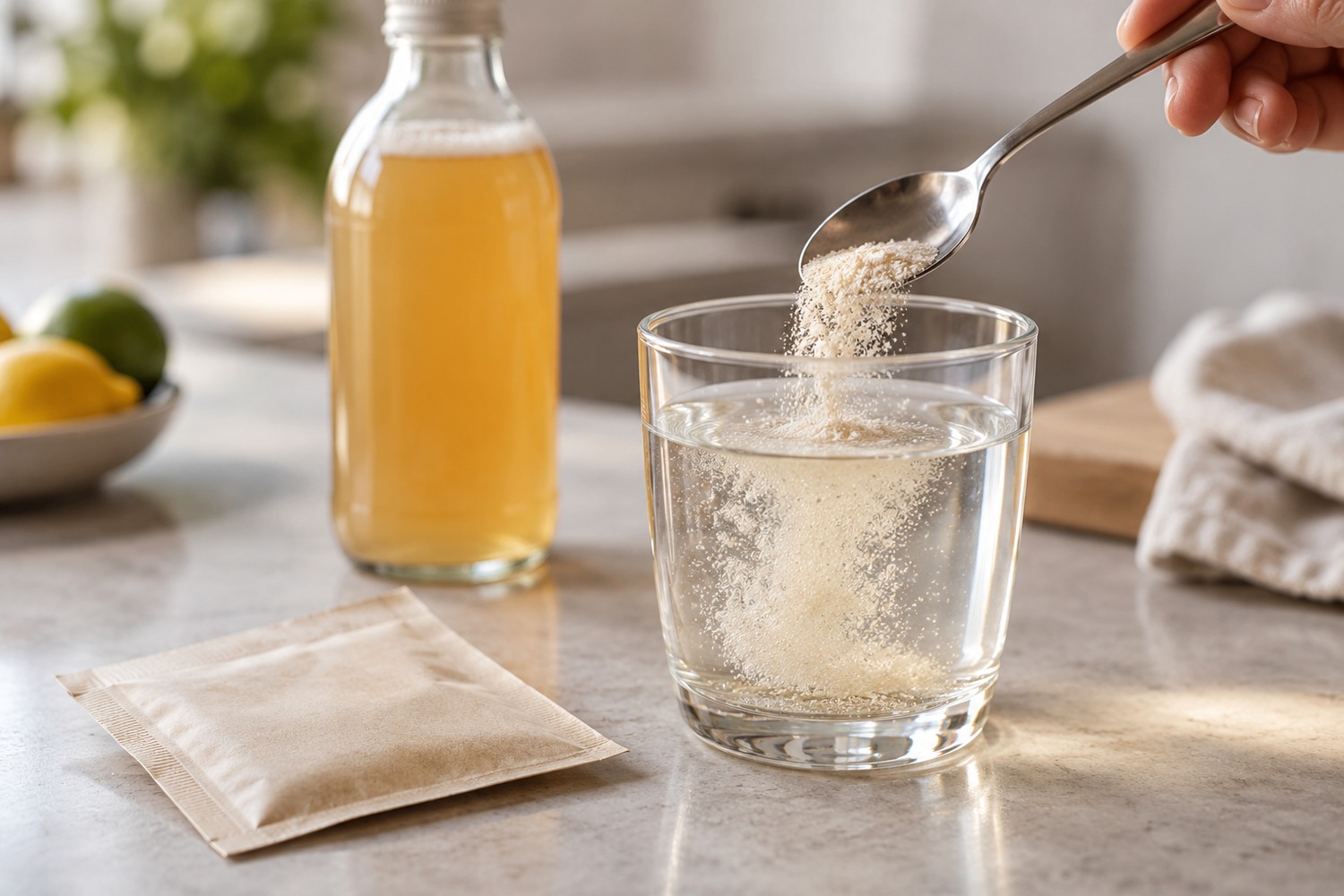 Powder stirred into a glass of water beside a separate bottled kombucha.