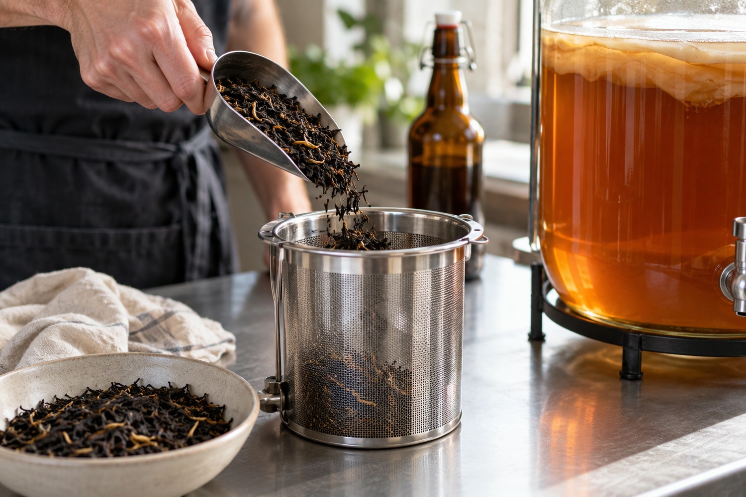 The Good Brew Company | Kombucha ingredients: what goes into a bottle and why Loose tea leaves being measured into an infusion basket beside fermenting kombucha.