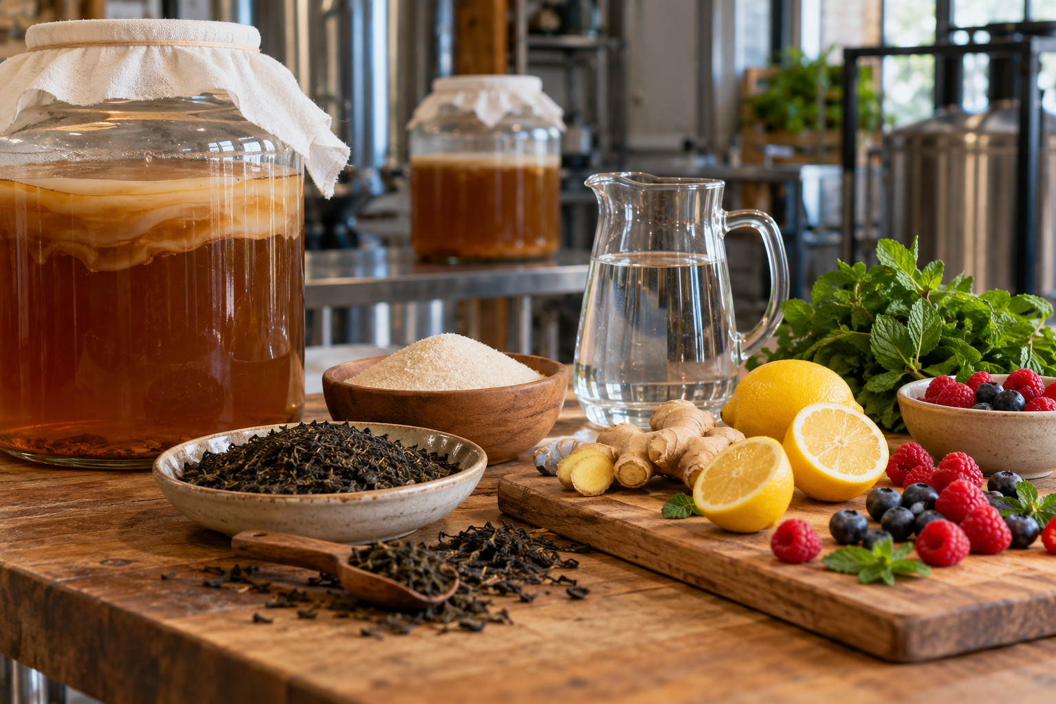 The Good Brew Company | Organic kombucha in Australia: what certification covers Loose tea, sugar, water and fruit beside kombucha fermentation jars