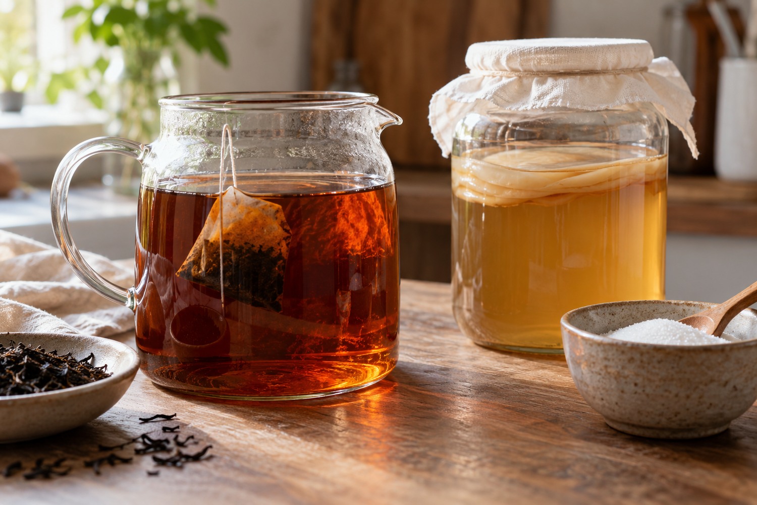 Black tea bag steeping beside sugar and a separate kombucha culture.