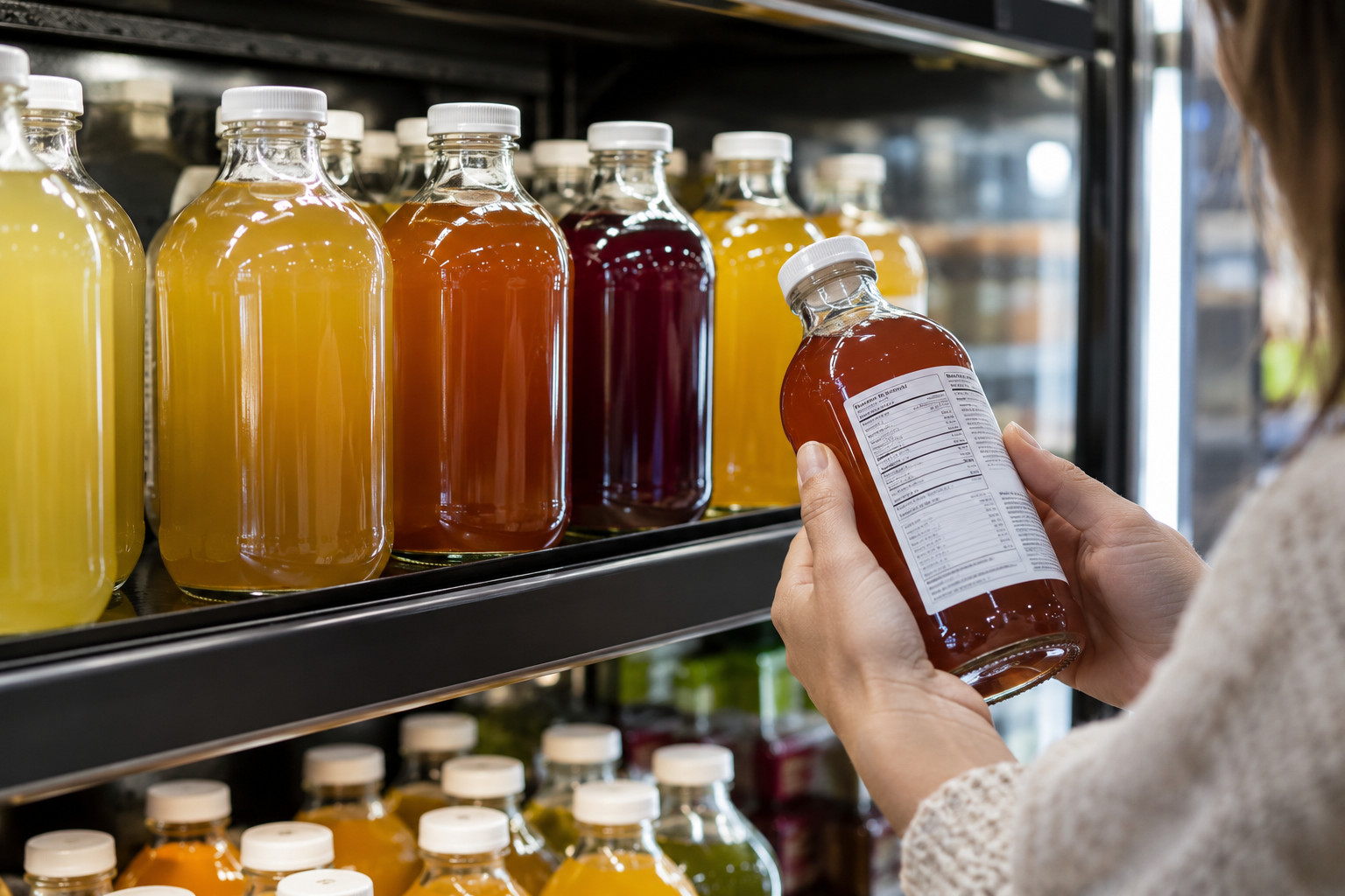The Good Brew Company | Organic kombucha in Australia: what certification covers Shopper reading the nutrition panel of a kombucha bottle in a fridge