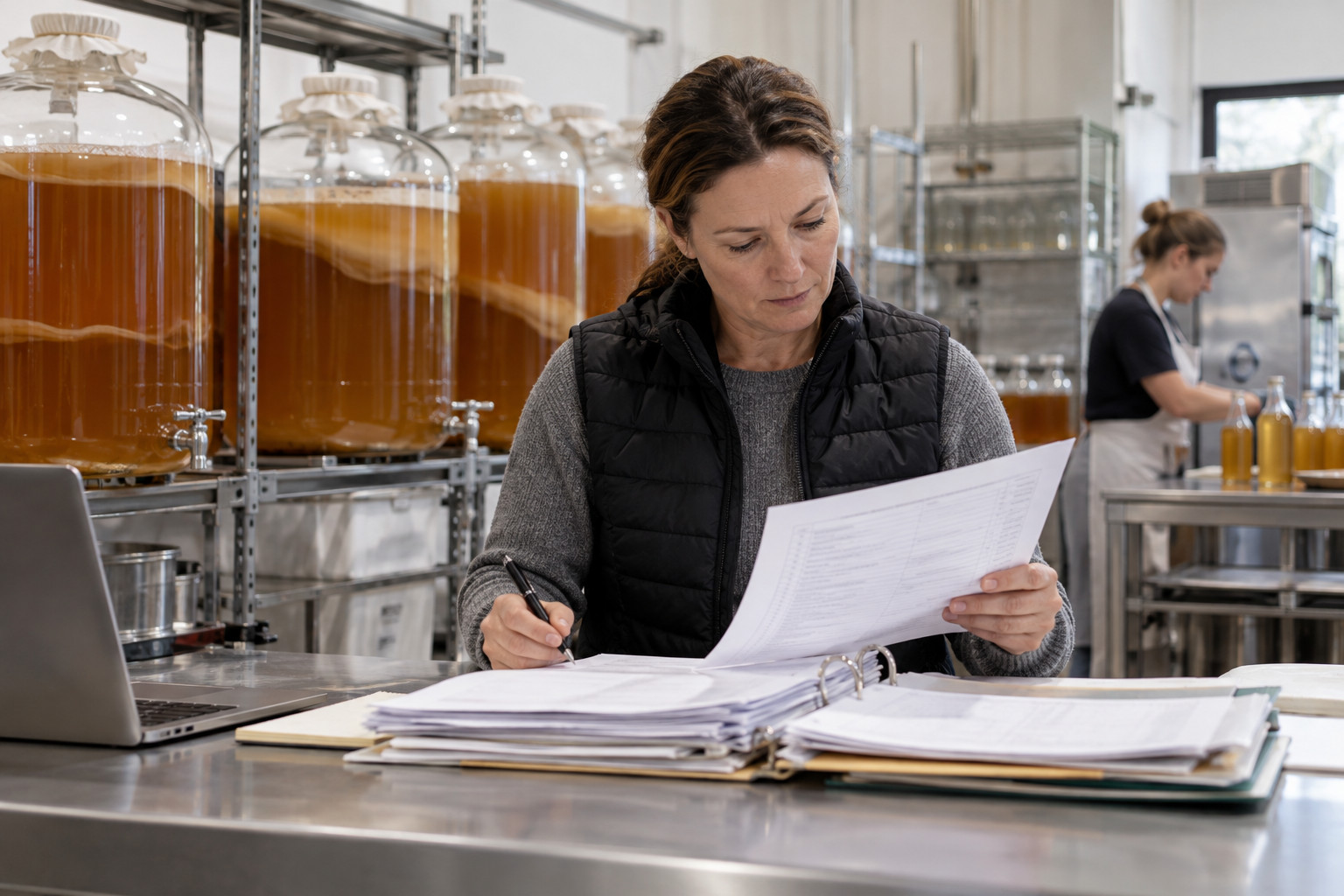 The Good Brew Company | Organic kombucha in Australia: what certification covers Auditor reviewing paperwork in a kombucha production workspace