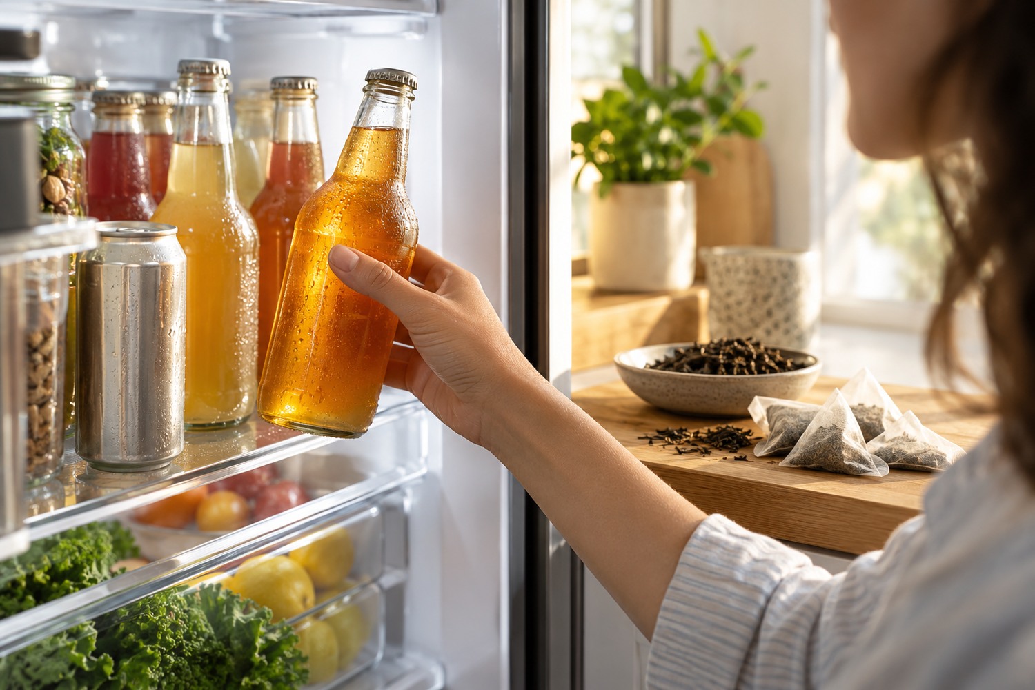 Person choosing a chilled kombucha bottle with a can and tea bags nearby.
