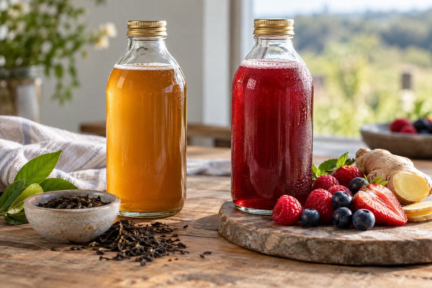 The Good Brew Company | Kombucha ingredients: what goes into a bottle and why Plain amber and fruit-infused kombucha bottles beside tea leaves, berries and ginger.