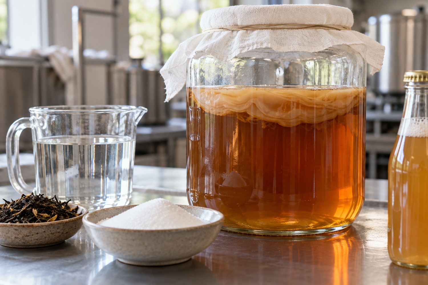 The Good Brew Company | Kombucha ingredients: what goes into a bottle and why Fermenting amber tea with a visible culture beside water, tea leaves and sugar.