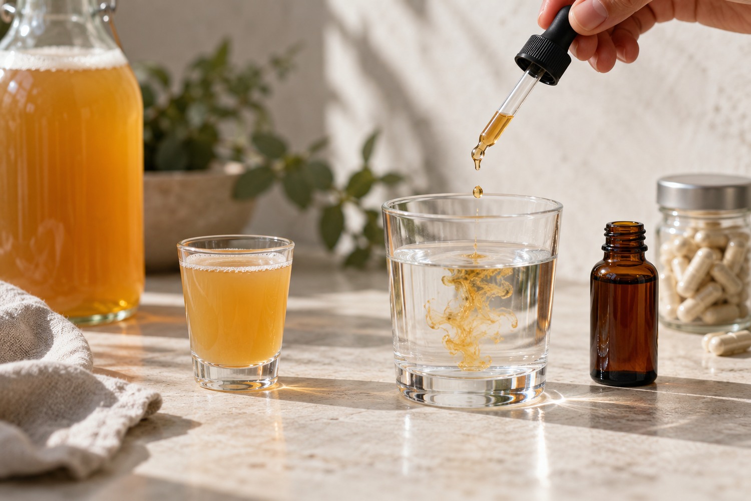 Small kombucha shot, concentrate being diluted and a plain capsule jar.