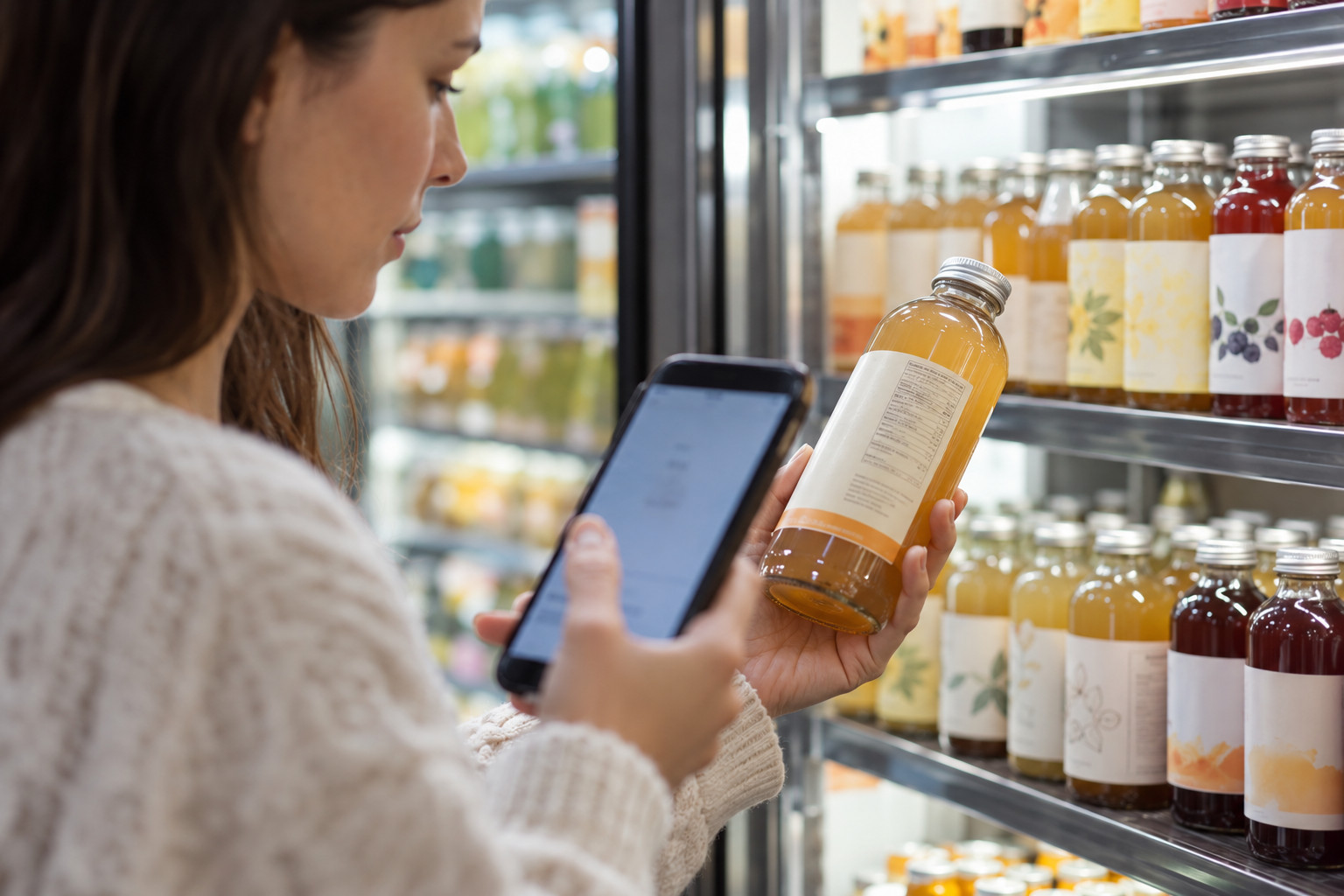 The Good Brew Company | Organic kombucha in Australia: what certification covers Shopper checking a kombucha bottle label with a phone at a refrigerated shelf