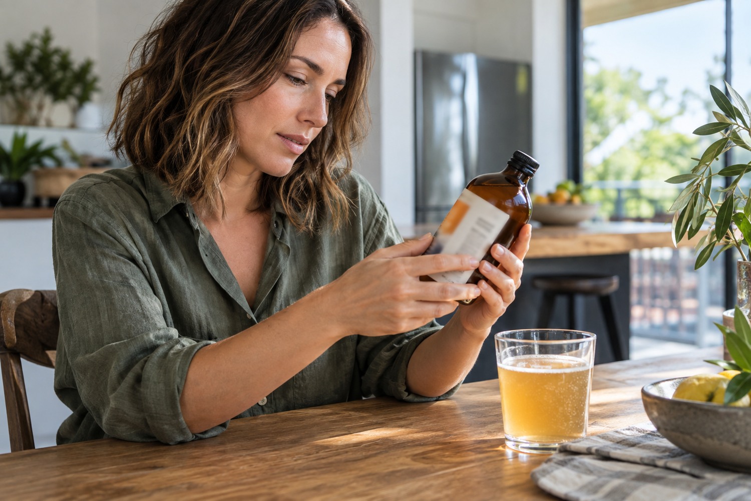 The Good Brew Company | Kombucha ingredients: what goes into a bottle and why Woman examining the back label of an amber kombucha bottle beside a glass of the drink.