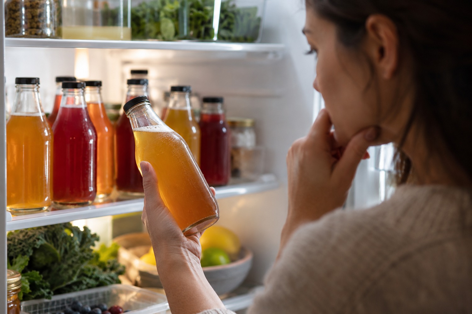 The Good Brew Company | Kombucha ingredients: what goes into a bottle and why Person considering an unbranded bottle of kombucha in front of a refrigerator shelf.