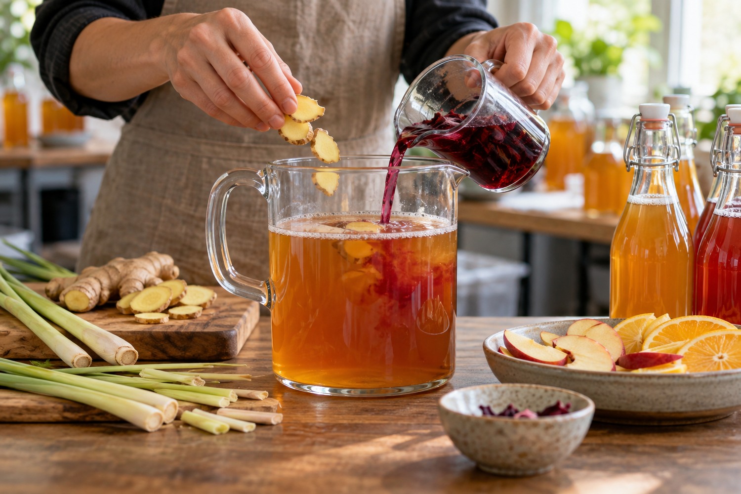 The Good Brew Company | Kombucha ingredients: what goes into a bottle and why Hibiscus infusion and sliced ginger being added to a jug of fermented kombucha.