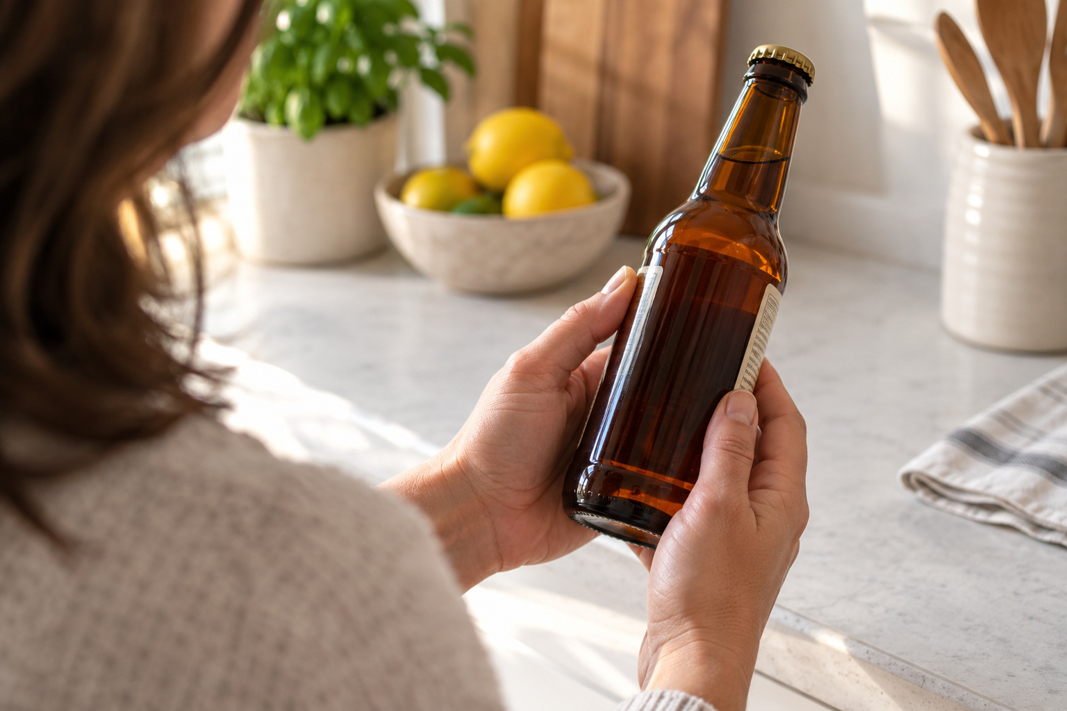 The Good Brew Company | Is kombucha gluten free? A shopper examines the label on an amber drink bottle at a kitchen counter.