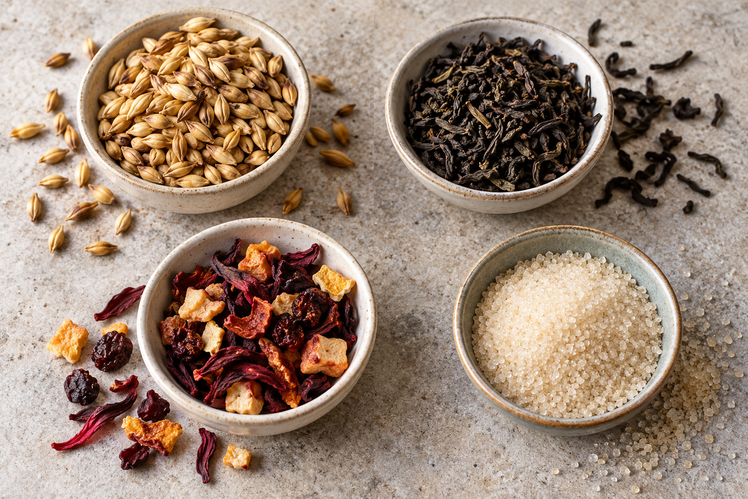 The Good Brew Company | Is kombucha gluten free? Separate bowls of barley grains, tea leaves, dried fruit and sugar on a stone surface.