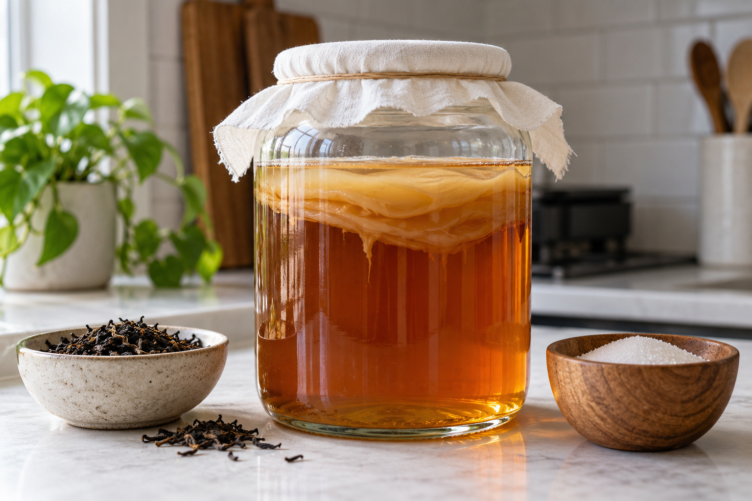 The Good Brew Company | Is kombucha gluten free? A cloth-covered jar of fermenting tea with a SCOBY beside tea leaves and sugar.