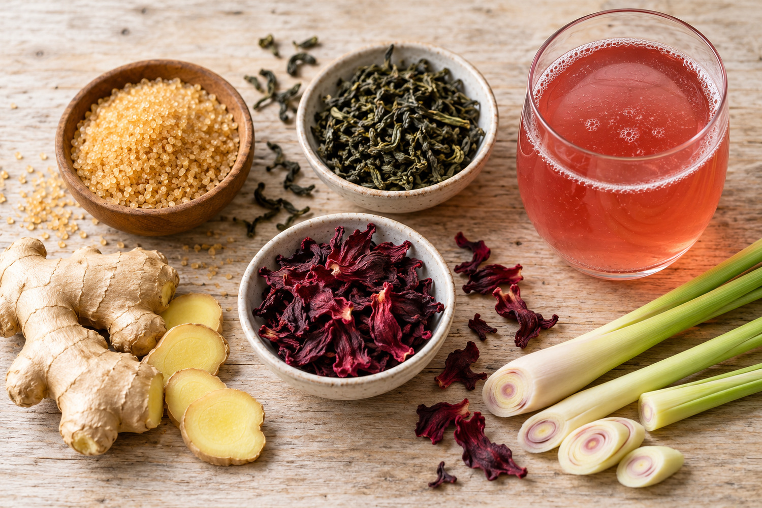 The Good Brew Company | What do sugar claims mean on a kombucha label? Raw sugar, tea leaves, dried hibiscus, ginger and lemongrass beside pink kombucha.