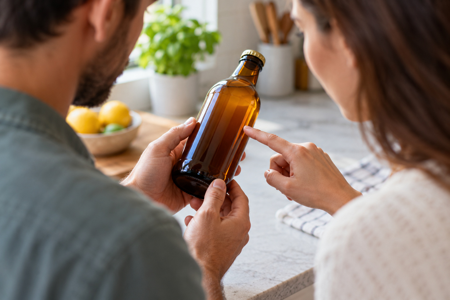 The Good Brew Company | Is kombucha gluten free? Two adults examine an amber drink bottle together at a kitchen counter.