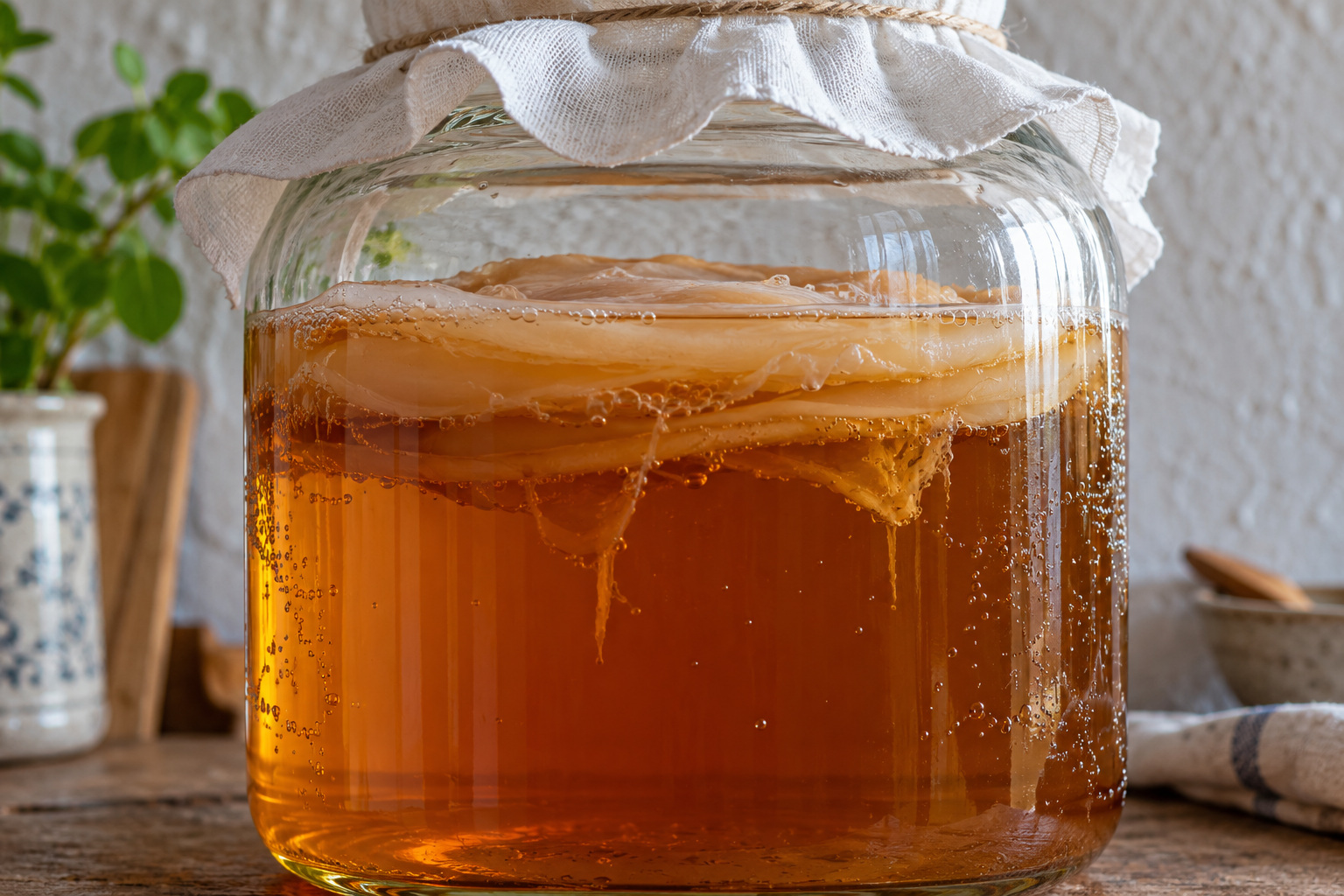 The Good Brew Company | Is kombucha alcoholic in Australia? Close view of a SCOBY and small bubbles in a cloth-covered fermentation jar.
