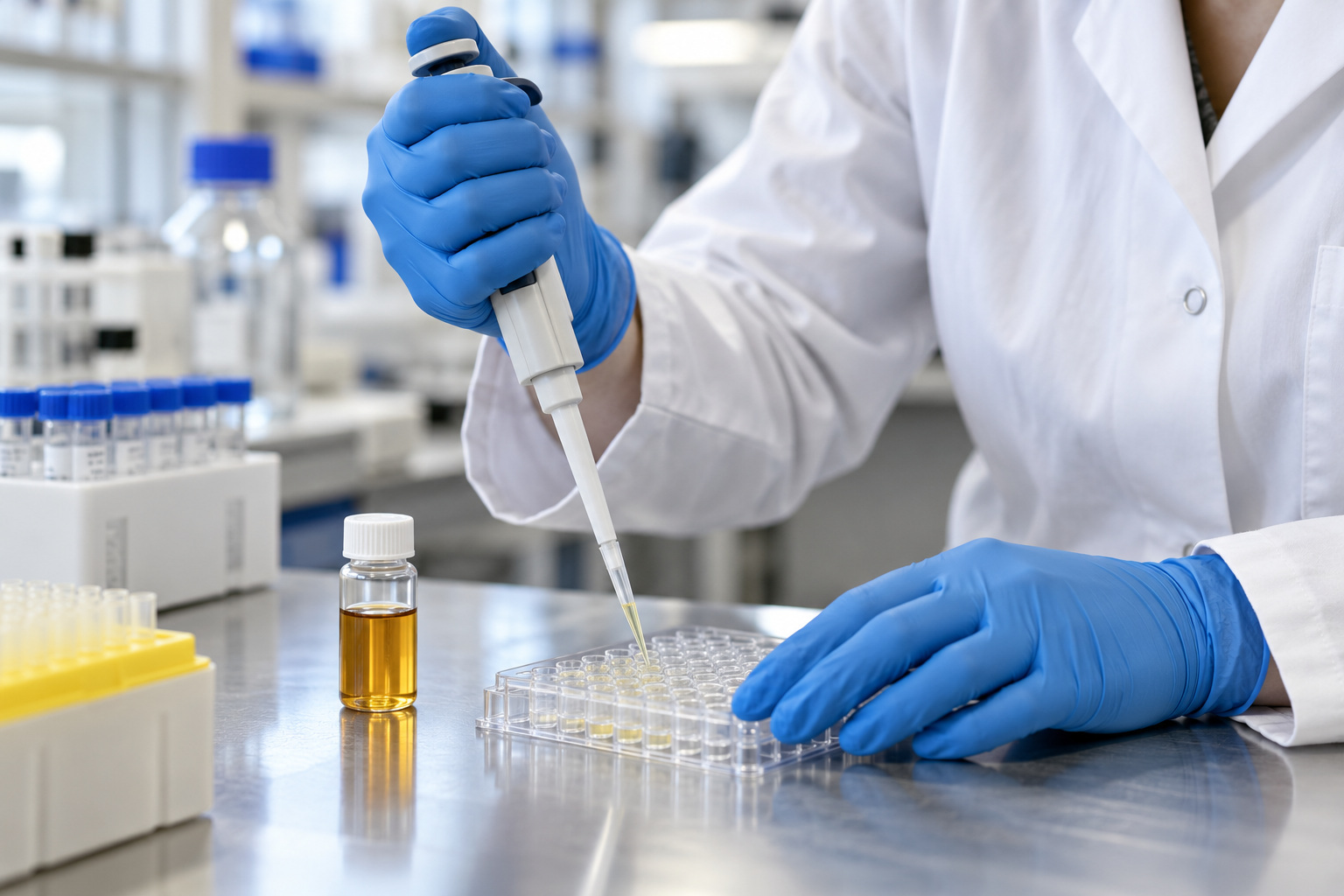 The Good Brew Company | Is kombucha gluten free? A gloved laboratory technician transfers a liquid sample into a multiwell plate.