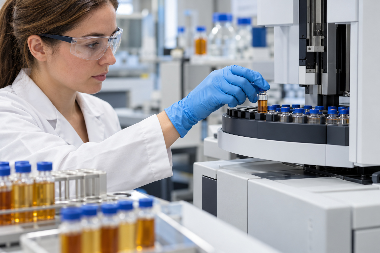 The Good Brew Company | Is kombucha alcoholic in Australia? A laboratory scientist places a beverage sample vial into an autosampler tray.