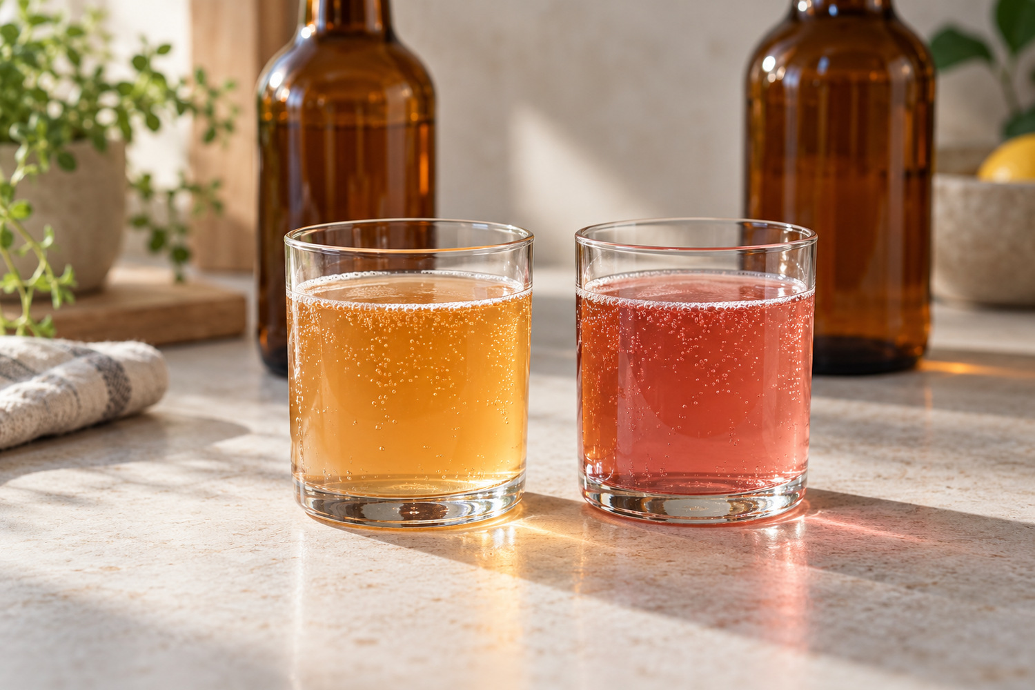 The Good Brew Company | What do sugar claims mean on a kombucha label? Equal portions of amber and pink kombucha in matching glasses beside unbranded amber bottles.