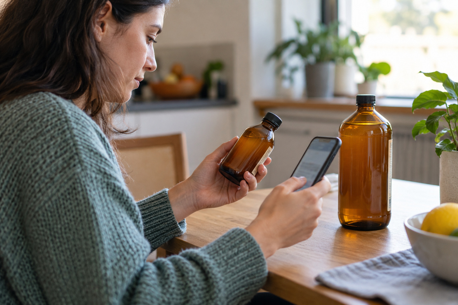 The Good Brew Company | What do sugar claims mean on a kombucha label? Woman compares a small kombucha bottle with information on her phone beside a larger amber bottle.