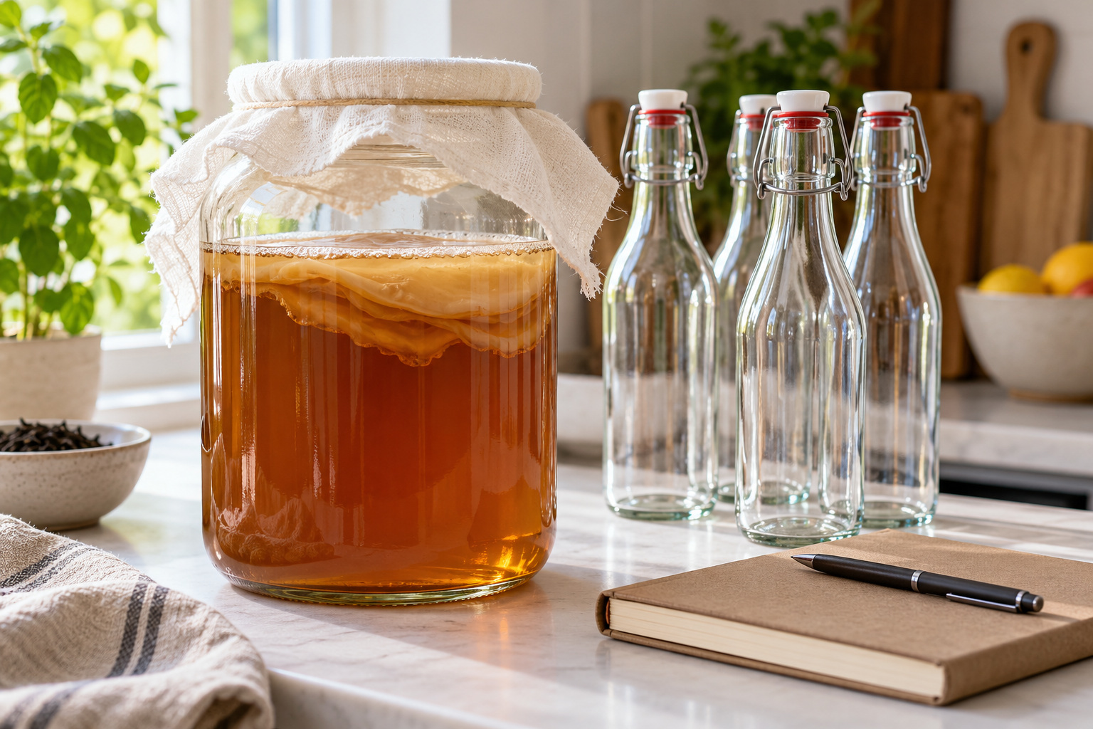 The Good Brew Company | Is kombucha alcoholic in Australia? A cloth-covered kombucha jar beside empty flip-top bottles and a closed recipe notebook.