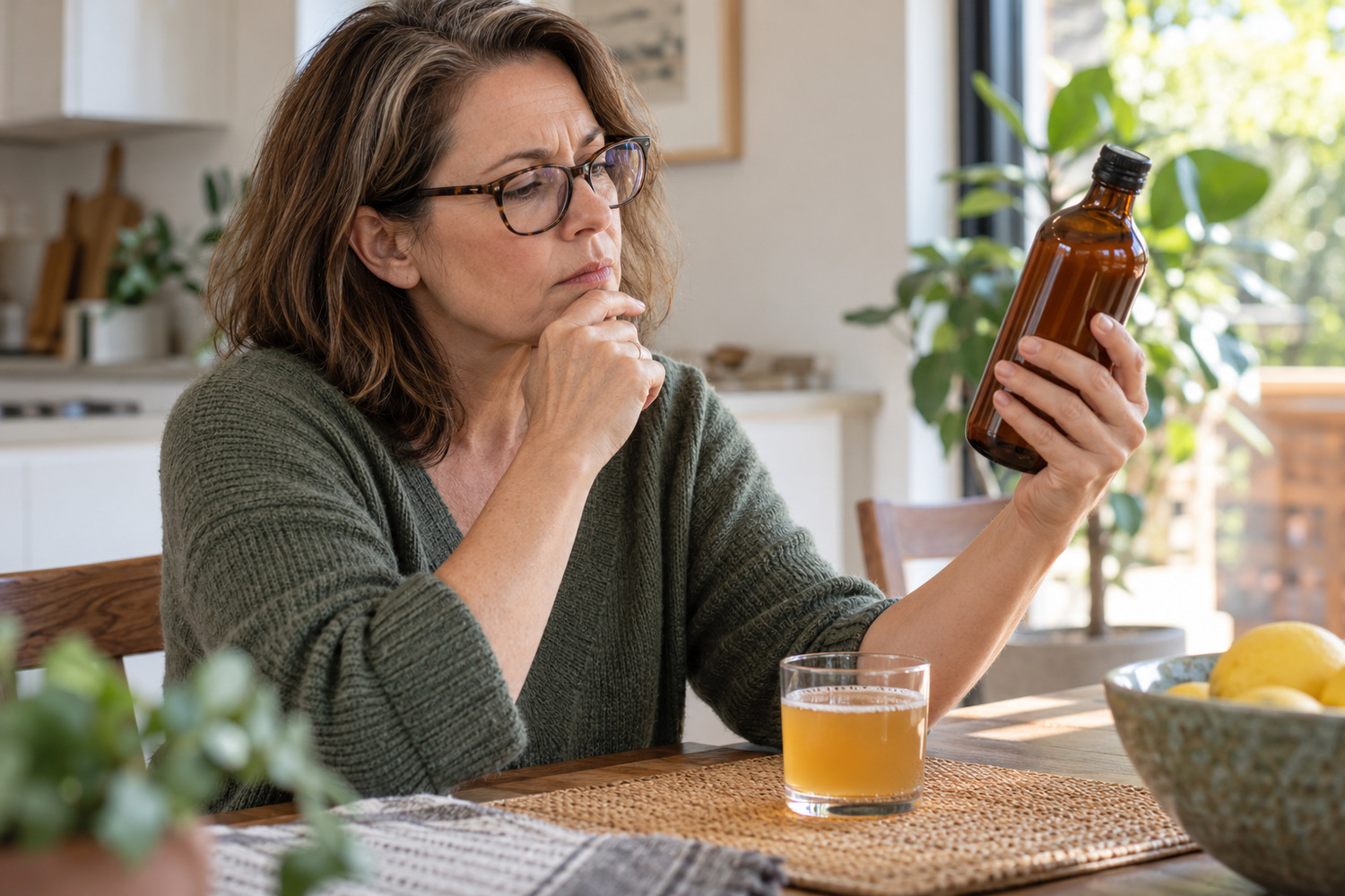 The Good Brew Company | What do sugar claims mean on a kombucha label? Woman wearing reading glasses examines an amber kombucha bottle at a kitchen table.
