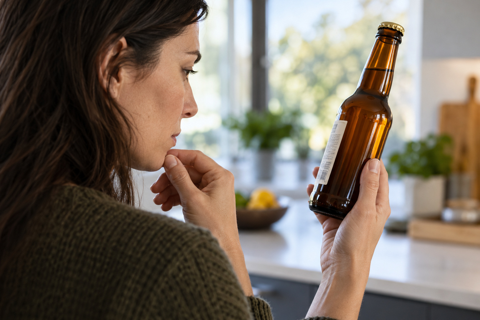 The Good Brew Company | Is kombucha alcoholic in Australia? A woman studies the back label of an unopened amber drink bottle.
