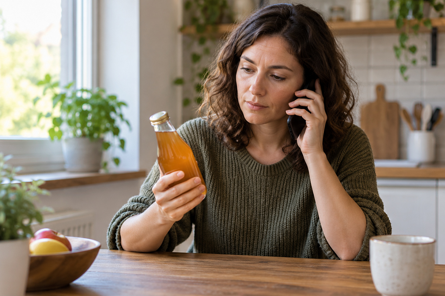 The Good Brew Company | Is kombucha gluten free? A woman holds an unopened drink bottle while making a phone enquiry.