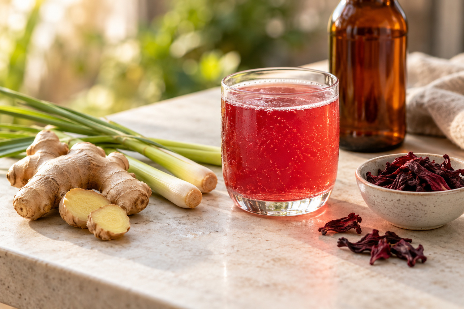 The Good Brew Company | What do sugar claims mean on a kombucha label? Pink kombucha with ginger, lemongrass, dried hibiscus and an unbranded amber bottle.