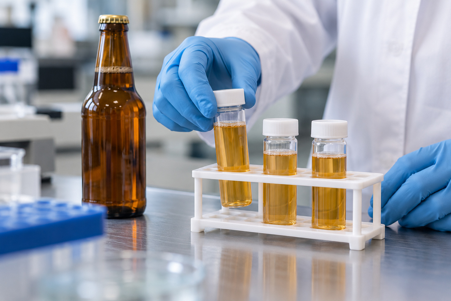 The Good Brew Company | Is kombucha alcoholic in Australia? A gloved technician handles capped beverage samples beside an amber bottle in a laboratory.