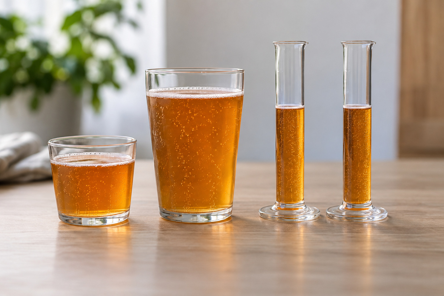 The Good Brew Company | What do sugar claims mean on a kombucha label? Two glasses containing different portions of kombucha beside two equal portions in narrow glass cylinders.